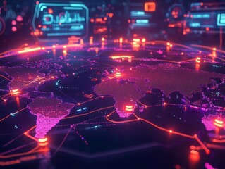 Poster - Global Connectivity: A vibrant, futuristic depiction of worldwide data flow, highlighted by neon lines and digital interfaces, symbolizing the intricate web of modern communication. 