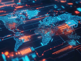 Poster - Digital World Map: A vibrant and detailed digital representation of the world map, rendered with intricate circuits and glowing lines that symbolize data flow, interconnectedness.