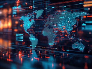 Poster - Global Data Flow: A vibrant depiction of a digital world map, symbolizing the intricate web of global networks and data flow