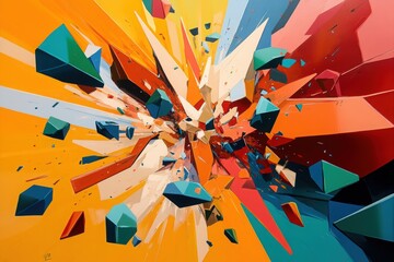 Poster - abstract explosion: a dynamic display of geometric shapes bursting outwards with vibrant colors, cre