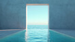 © Keopaserth - serene water curtain flows through square opening, revealing tranquil ocean view. minimalist design and soft colors evoke sense of calm and peace