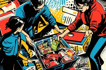 Leinwandbilder - Grocery shopping in a virtual environment with comic book flair showcasing selection, cart addition, and delivery process