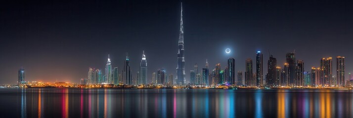 Poster - Stunning nighttime cityscape featuring a vibrant skyline with illuminated buildings and a bright moon