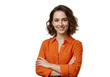© PP Creative - A young woman with short wavy brown hair wearing an orange shirt isolated stands with her arms crossed on transparent background