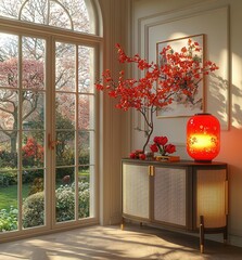 Poster - A serene indoor scene with a vibrant decorative tree and glowing lamp, capturing the essence of tranquility and elegance.
