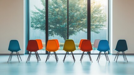 Poster - colorful chairs in waiting room:a vibrant arrangement of multi-colored chairs inside a modern interi