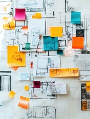 Fototapete - Creative brainstorming session with scattered sticky notes and sketches in an inspiring workspace