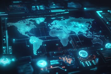 Poster - World Map on Digital Interface: A captivating digital interface showcases a glowing world map, intertwined with intricate data streams and futuristic displays.