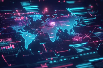 Poster - Global Connectivity: World map illuminated by network data and digital interface, representing interconnectedness, technology, and global communication. 