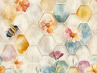 Poster - hexagon floral pattern: a beautifully crafted seamless pattern featuring hexagon-shaped tiles adorne