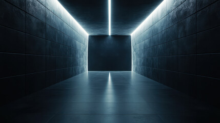 dark room with straight line of light in middle creates dramatic atmosphere. sleek walls and floor enhance modern aesthetic, inviting curiosity and exploration