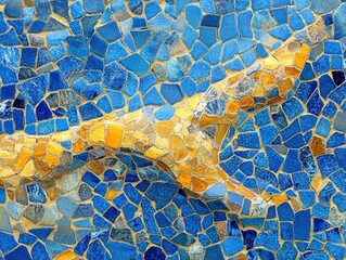 Poster - Abstract mosaic pattern in blue and gold with irregular shapes and textures