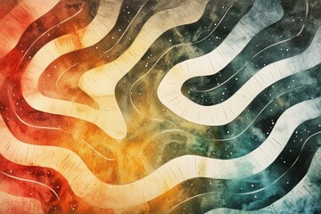 Poster - Cosmic Waves Abstract: A captivating abstract design with undulating lines reminiscent of cosmic waves, featuring a vibrant gradient of colors and a textured, almost celestial, appearance.