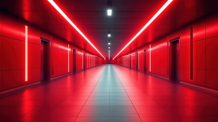 Fototapete - Futuristic corridor with red neon lights, doors and reflective floor. Ai generated