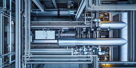 Poster - Industrial Infrastructure: A detailed, top-down perspective reveals an intricate network of pipes, tubes, and metallic components within an industrial setting.