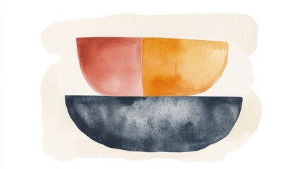 Poster - Abstract Bowls Composition: A minimalist watercolor illustration featuring a balanced composition of three bowls in a muted color palette, creating a sense of calm and artistic aesthetic.