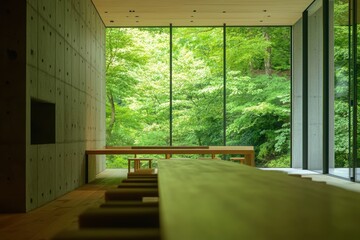 Poster - serene interior with a view: a minimalist interior space features a large window framing a vibrant g
