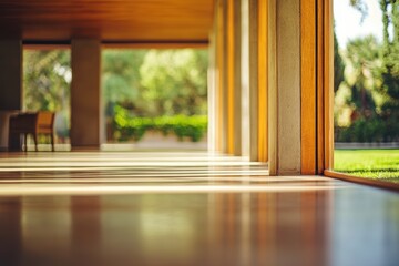 Poster - modern architecture, a captivating dance of light and shadow illuminates a polished wooden floor, se