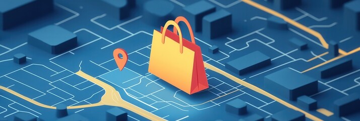 Poster - Elegant delivery route map design with grocery bag icon and location markers for efficient shopping experience