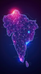 Poster - Abstract glowing map of a country with neon dots and vibrant colors on a dark background highlighting technology and data representation