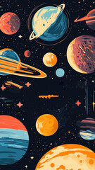 Poster - Colorful Minimalist Space and Planets Vector Poster Design in Flat SVG Style