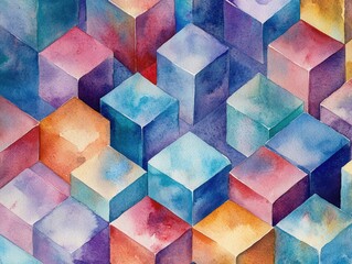 Poster - artistic cube mosaic: a captivating watercolor artwork showcases a vibrant mosaic of colorful cubes,