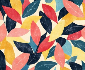 Poster - Colorful Foliage Pattern: This image showcases a vibrant, artistic pattern featuring stylized leaves in an array of warm and cool tones, creating a visually engaging and decorative design.