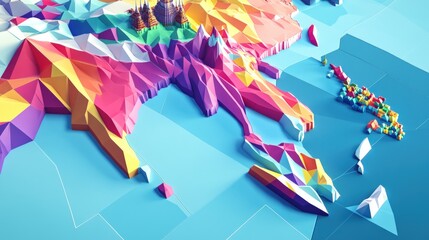 Poster - Colorful low poly style illustration of a landscape with geometric shapes and vibrant color gradients