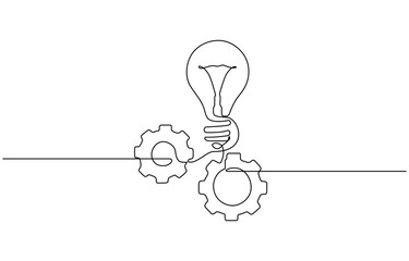 Wall Mural - Single continuous line symbol of machine wheel gears and light bulb vector illustration, Continuous Line Drawing of Moving Gear and Light Bulb Minimalist Concept Vector Illustration.