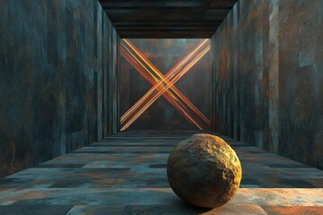 Poster - geometric passage and sphere: an enigmatic view of a passage with a weathered, textured interior, ac