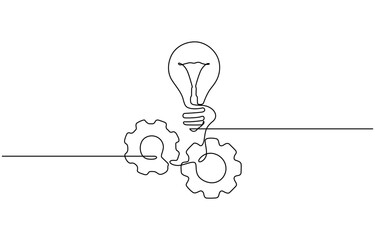 Wall Mural - Single continuous line symbol of machine wheel gears and light bulb vector illustration, Continuous Line Drawing of Moving Gear and Light Bulb Minimalist Concept Vector Illustration.