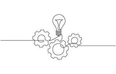 single continuous line symbol of machine wheel gears and light bulb vector illustration, continuous 