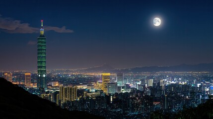 Poster - Nighttime cityscape featuring a brightly lit skyline with the tallest building in Taipei and a glowing moon
