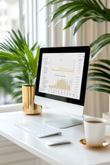 Poster - A stylish workspace showcases a sleek computer displaying financial graphs beside a vibrant potted plant. Natural light floods the area, creating a refreshing atmosphere perfect for productivity
