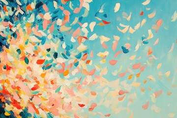 Poster - Abstract Petal Cascade: An abstract artwork features a dynamic cascade of colorful, petal-like shapes against a bright, gradient background, evoking a sense of movement and vibrant energy.
