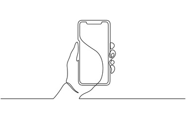 One continuous line drawing of hands holding and touch the screen of smartphone, Continuous One Line Art of Hands Using Gadgets. Vector Illustration of Smartphone in Minimalist Style.