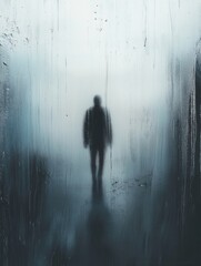 Aufkleber - Lonely figure amidst raindrops on a window, capturing deep emotions in a moody atmosphere