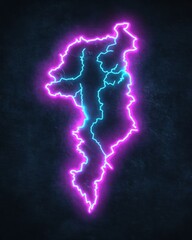 Poster - Abstract neon map outline against a dark background with subtle speckled texture highlighting the shape with glowing purple and teal colors