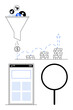 © robu_s - Funnel filtering users into revenue generation, coins stacking for profit, magnifying glass, and app interface. Ideal for business, marketing, analysis, e-commerce, finance strategy innovation
