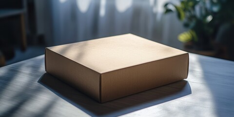 Poster - Unboxing Delight: A plain, unopened package box sits atop a table bathed in soft, natural light. The simplicity evokes anticipation.