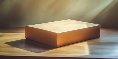 Poster - minimalist display: a pristine, blank box sits on a wooden surface, bathed in soft light, creating a