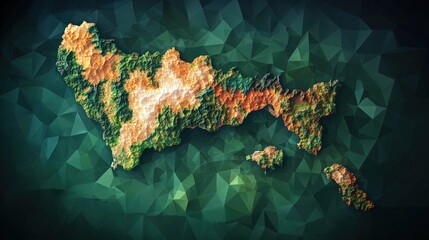 Poster - Abstract map representation textured with green and orange hues against a dark green polygonal background