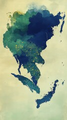 Poster - Abstract watercolor map of Asia in blue and green hues with golden accents on a textured beige background