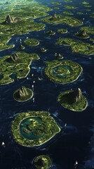 Poster - Aerial view of illuminated island clusters over dark water with vibrant green and blue lighting reflecting light