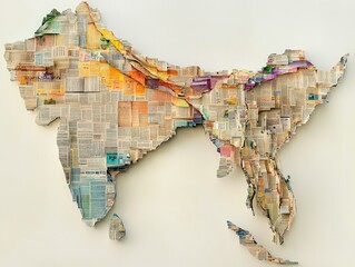 Poster - Artistic map sculpture of South Asia with colorful and textured collage elements against a neutral background