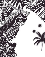 Poster - Intricate black and white tropical pattern with geometric shapes palm trees silhouette and starburst effect