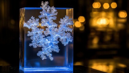 Poster - Blue illuminated crystallized structure encased in a transparent block with bokeh background