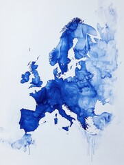 Poster - Watercolor map of a continent in shades of blue on white background with paint drips