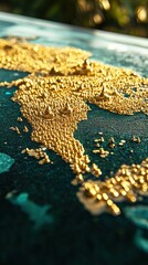 Poster - Close up of a teal surface with golden textures and a blurred green background illuminated by sunlight