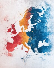 Poster - Colorful map of Europe showing a mix of red, blue, and orange hues with a textured watercolor effect and white background